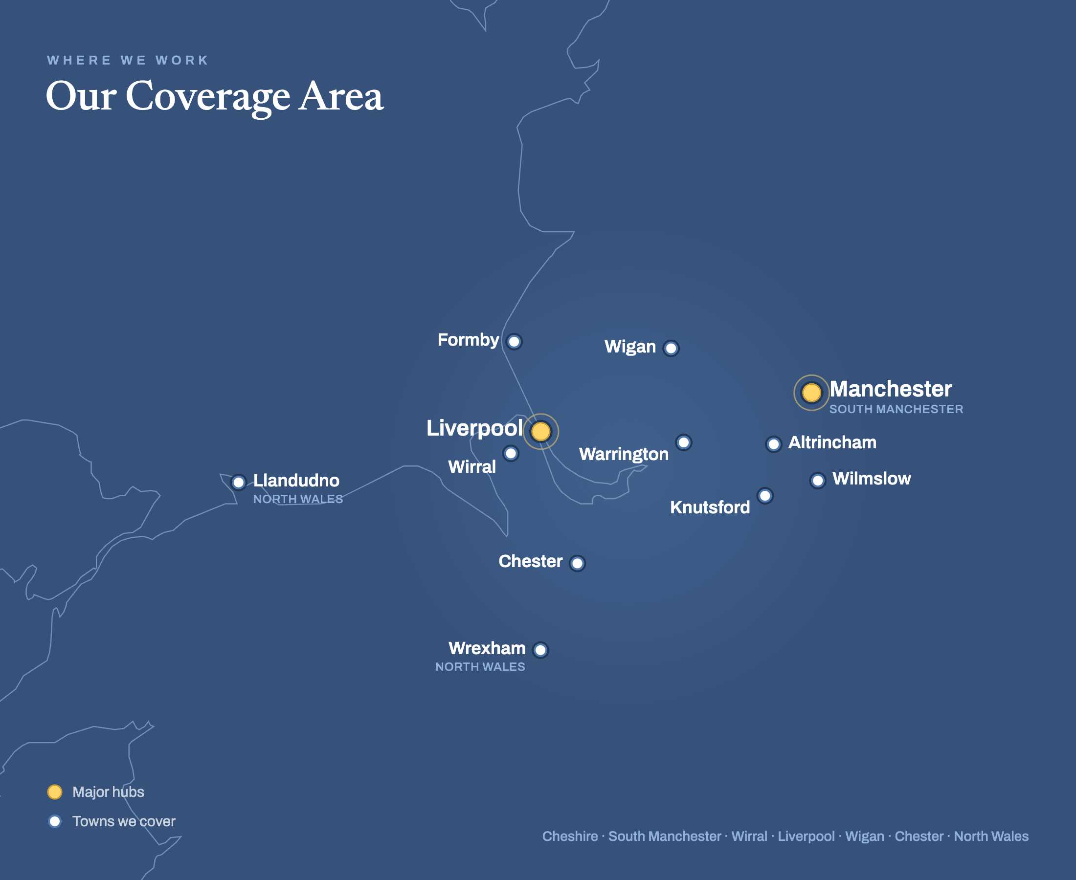Map of the areas AJP Contractor cover, showing Manchester and Liverpool as main hubs alongside Formby, Wigan, Warrington, Altrincham, Wilmslow, Knutsford, the Wirral, Chester, Wrexham and Llandudno